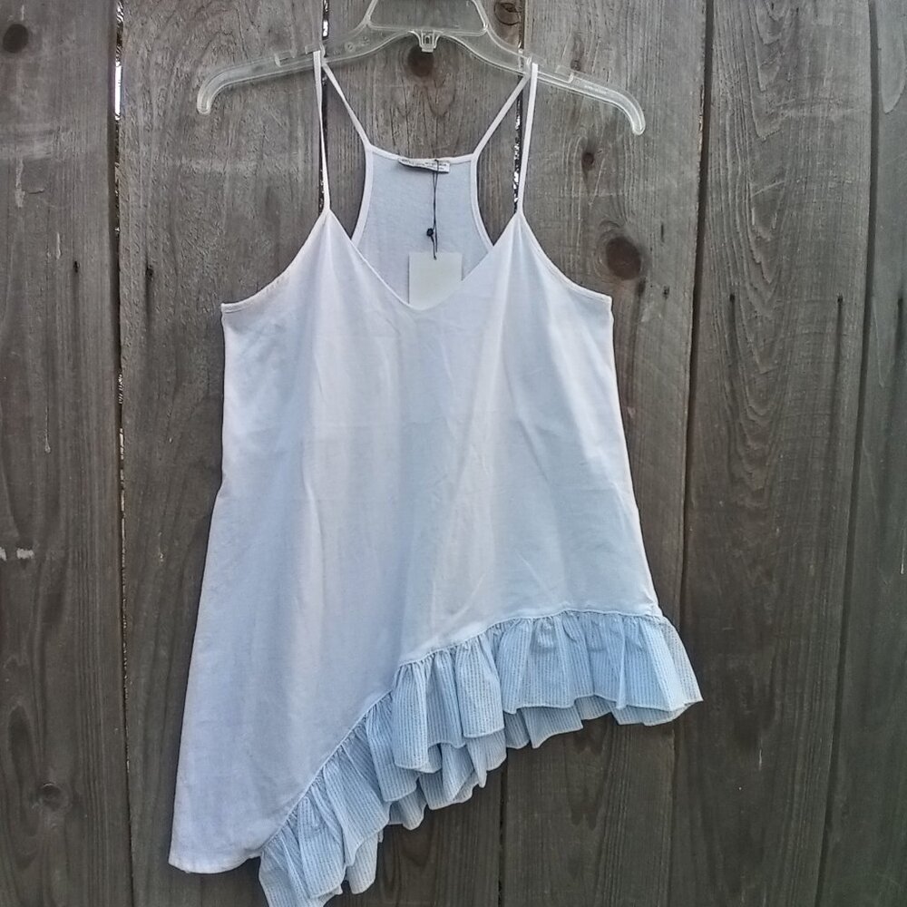 Zara White Asymmetrical Ruffle Trim Cami Tank Top Oversized S Pullover V Neck